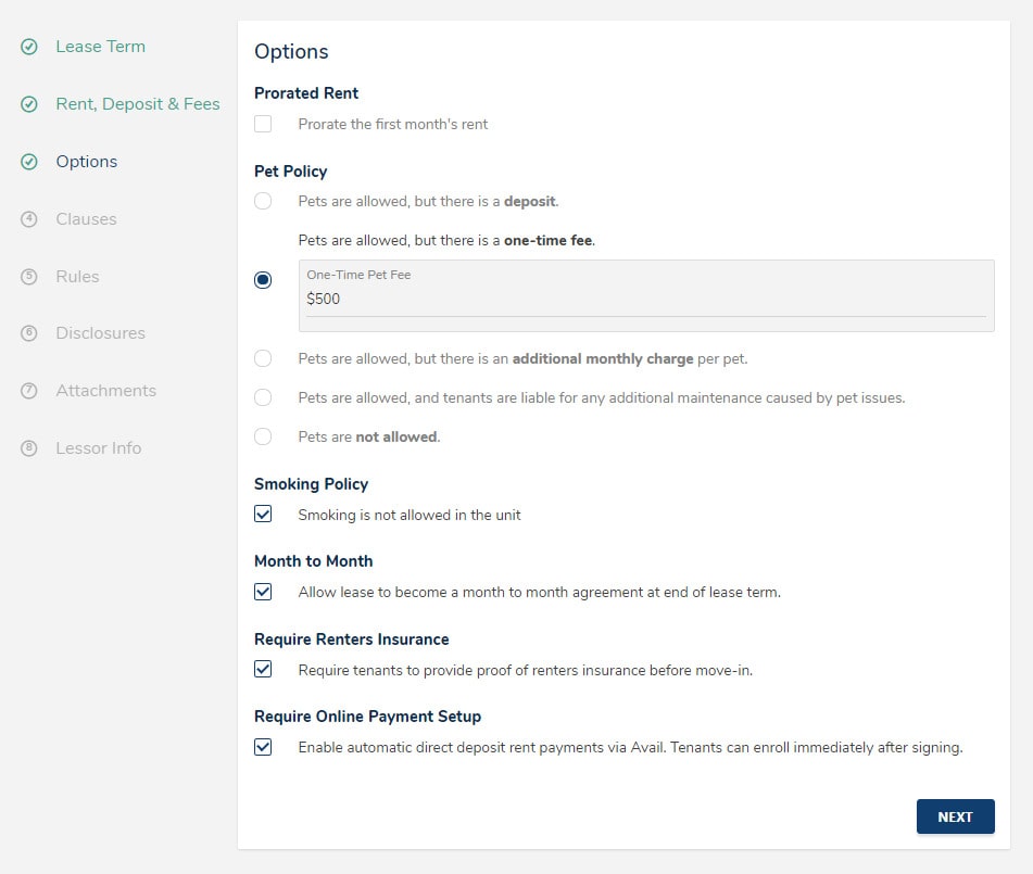 Screenshot of an Avail lease agreement