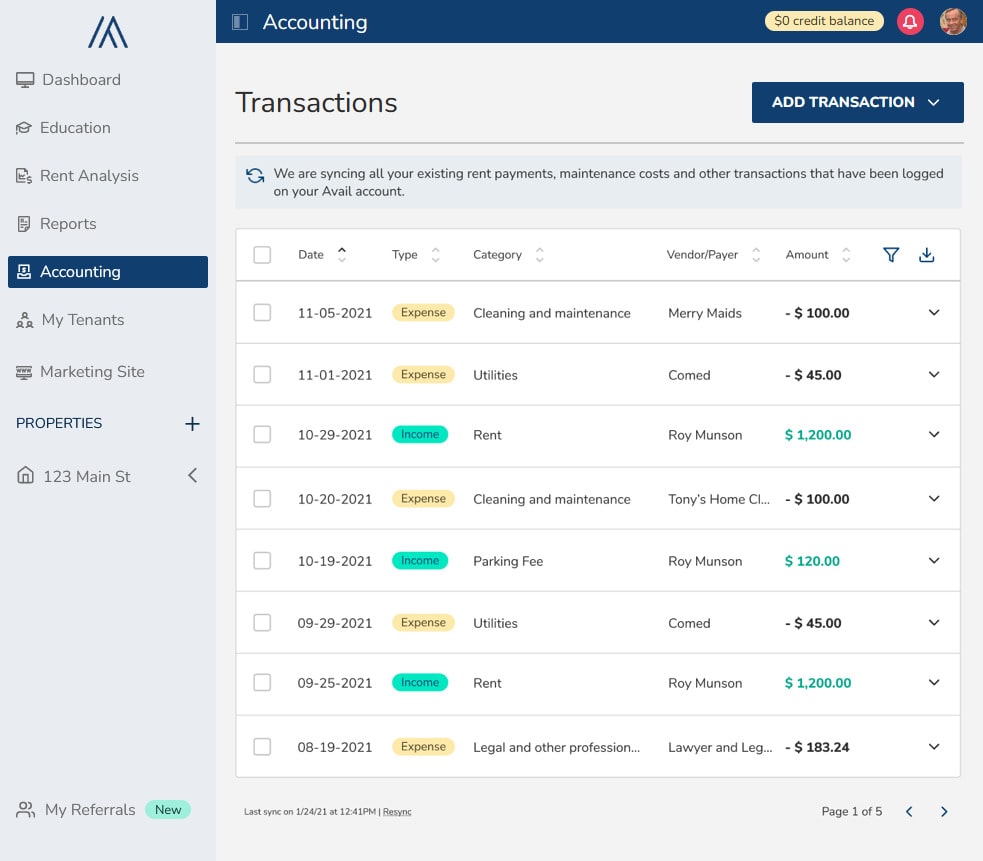 screenshot of the Avail Rental Property Accounting tool