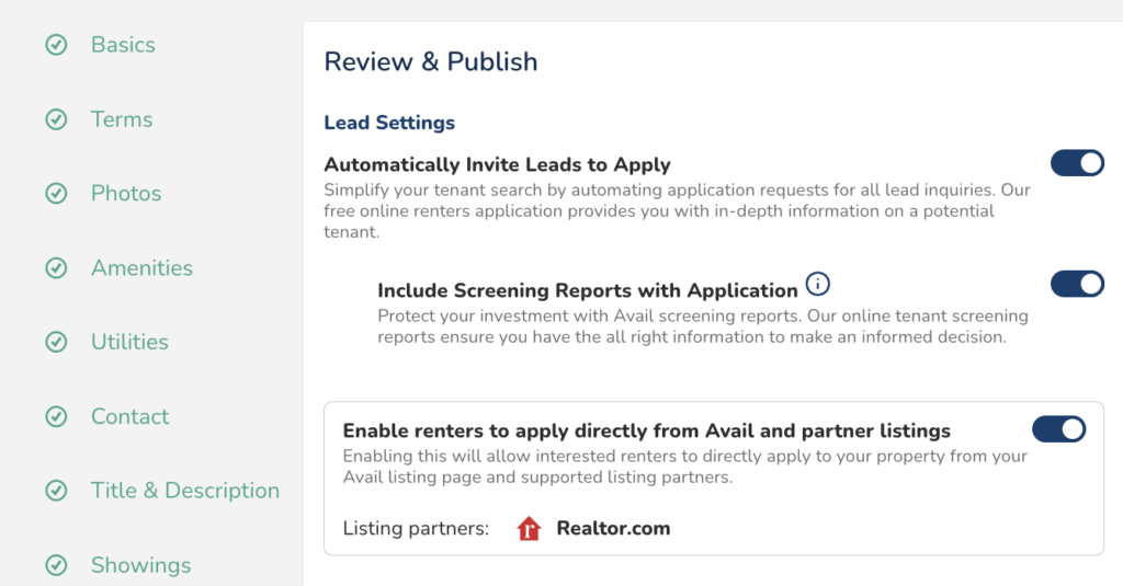 view of the avail rental listing builder tool