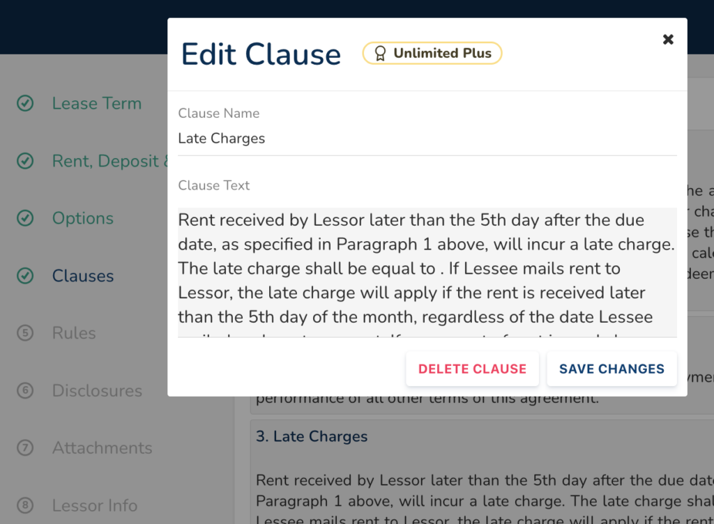view of avail's lease builder and lease clause customization feature with Unlimited Plus